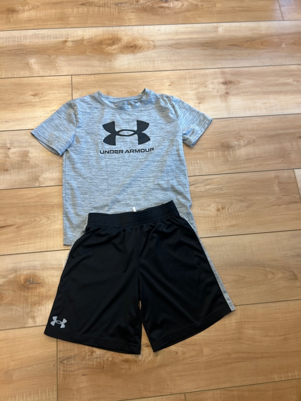 Under Armour Gray Tee with Black Logo and Black Athletic Shorts